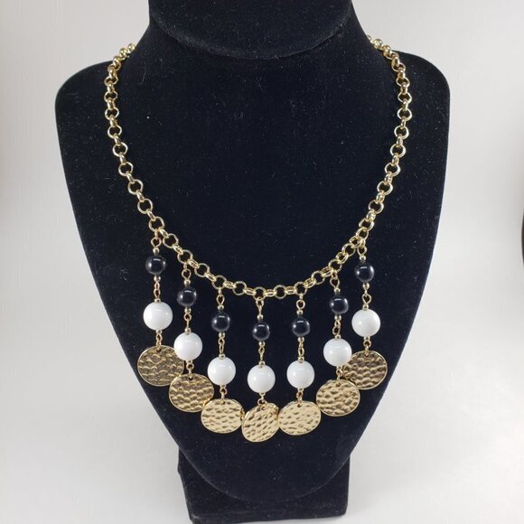 Gold Hammered Disc Charm Necklace w/ Black & White Beads – 22" Statement Jewelry - Picture 6 of 11
